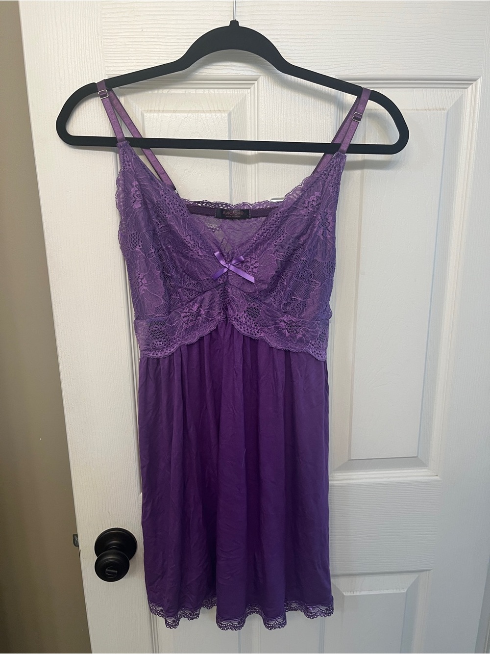 Lace-Trim Purple Chemise with Satin Bow soft fabric size L